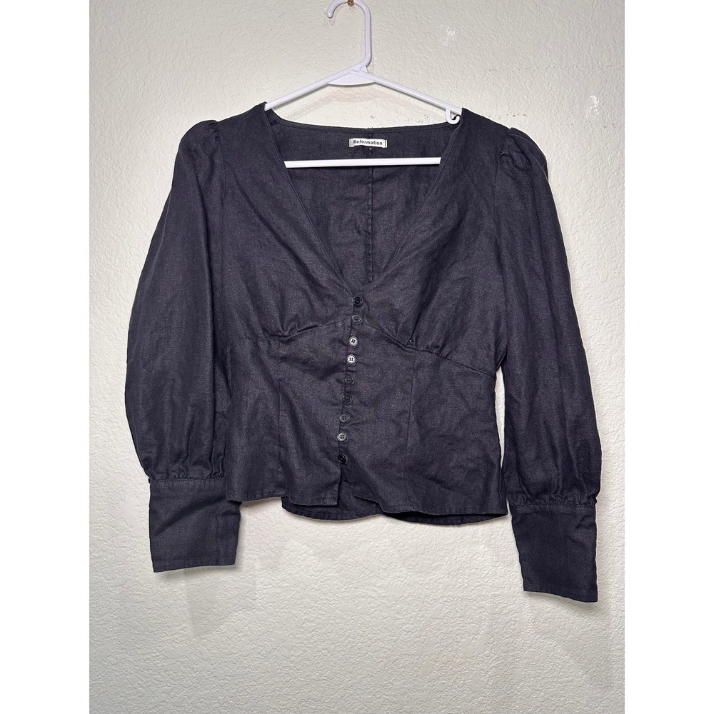 Reformation Black Linen Puff Sleeve V Neck Button Front Blouse Size 6